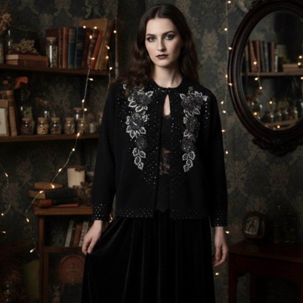 VTG Y2K Black wool rhinestone beaded cardigan sweater‎ Large whimsygoth romantic